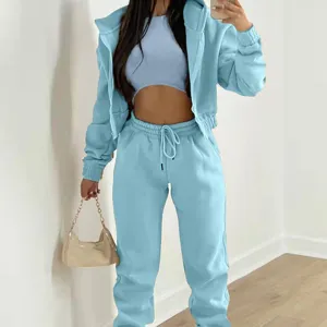 3-piece fleece-lined tracksuit women casual hoodie crop top sweatpants set light blue