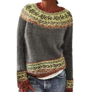 Women fashion colorblock knitted sweater, casual long sleeve crewneck pullover top for daily.