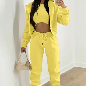Women 3 piece fleece tracksuit yellow hoodie crop top sweatpants casual winter activewear