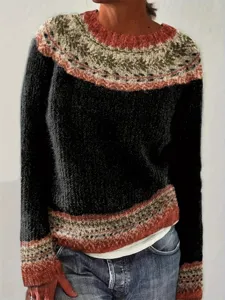 Women's casual round neck color block long sleeve knitted pullover sweater detail view.
