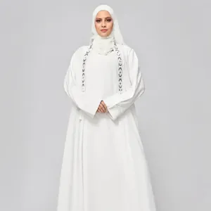 Women White Maxi Dress Long Sleeve Embroidered Outerwear And Headscarf Two Piece Set Elegant Muslim Abaya Outfit