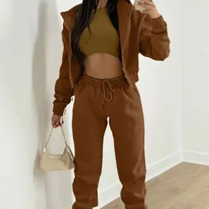 Women 3 Piece Tracksuit Fleece Hooded Sweatshirt Crop Top Joggers Casual Winter Outfits
