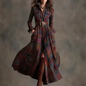 French Retro Plaid Long Sleeve Irregular Maxi Dress Women Casual Elegant Vintage Lapel Single-Breasted Long Dress