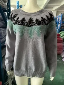 Casual crew neck knit sweater for women, featuring a stylish black and green forest pine pattern.