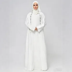 White long sleeve abaya dress with hijab and embroidered front detail for women set.