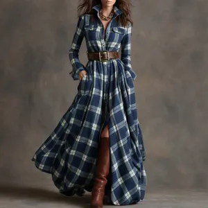 Women long sleeve blue white plaid maxi shirt dress vintage casual dress with leather belt