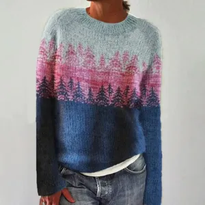 Women round neck colorblock sweater casual loose long sleeve knit pullover with forest print.