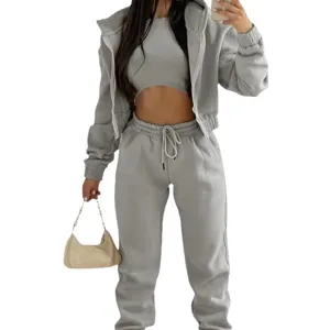 Women 3 Piece Fleece Tracksuit Set Zip Hoodie Crop Top Sweatpants Casual Winter Outfit
