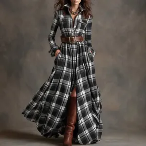 Plus size women French retro plaid irregular maxi dress elegant long sleeve chic outfit