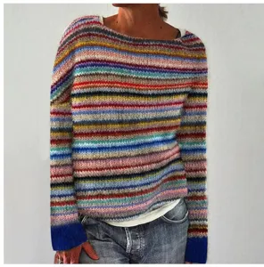 Women's colorful striped crewneck loose knit sweater, casual long sleeve pullover top detail.