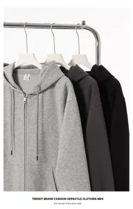 Men's women's casual full zip-up cotton hoodie jacket, solid color daily outerwear.