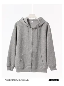 Men's Casual Full Zip Hoodie Gray Cotton Long Sleeve Sweatshirt with Drawstring Pockets