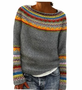 Details of the grey Nordic pattern knit sweater, showcasing colorful yoke design and cuffs.