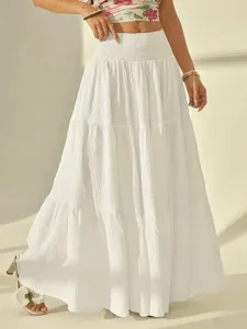 Women white tiered maxi skirt high waist casual beach holiday long skirt chic apparel