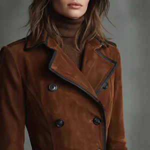 Brown suede trench coat with black trim detail, double breasted winter outerwear for women.
