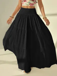 Solid color high waist tiered maxi skirt elegant casual long skirt for women holiday wear