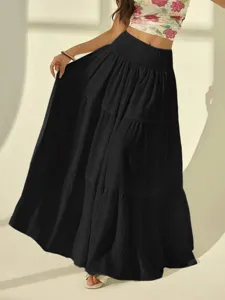Elegant black tiered maxi skirt detail, high waist casual long skirt for women vacation.