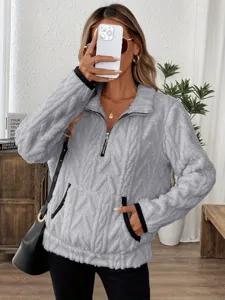 Women Grey Fuzzy Half Zip Fleece Sweatshirt Chic Long Sleeve Winter Pullover Top