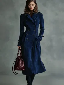 Women's autumn winter long suede trench coat with lapel and double-breasted design.