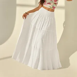 Women's Casual High Waist Solid Color Pleated Layered A-Line Long Skirt Elegant Vacation Maxi Skirt