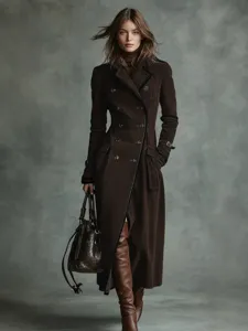 Womens long brown suede trench coat winter double breasted vintage outerwear style for autumn.
