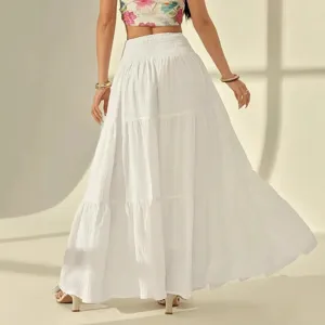 Women's white solid color tiered long maxi skirt, elegant high waist casual skirt.