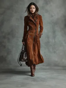 Women's autumn winter suede long trench coat lapel western style double breasted brown outerwear