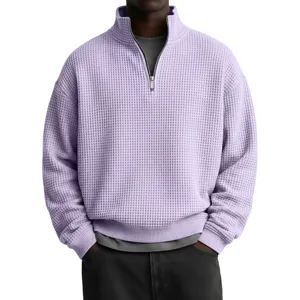Sudadera Waffle de Manga Larga con Cuello Alto y Color Sólido Casual para Hombre Chaqueta Deportiva con Cremallera