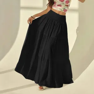 Women solid black high waist tiered maxi skirt casual boho long skirt for vacation.