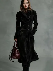 Women's long suede trench coat, double-breasted lapel autumn winter outerwear with handbag.