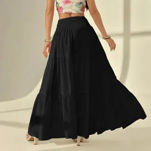 Black tiered maxi skirt for women, high waist elastic long casual boho holiday skirt