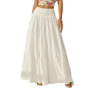 Women solid color high waist tiered maxi skirt casual boho long skirt for summer vacation beach