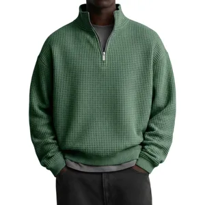 Sudadera verde de hombre de punto gofrado con cuello alto y cremallera casual top