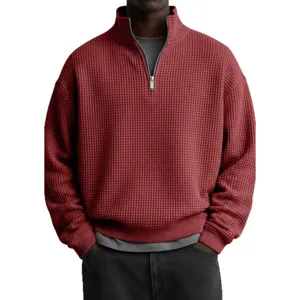 Sudadera Hombre Cuello Alto Media Cremallera Tejido Waffle Manga Larga Casual Top