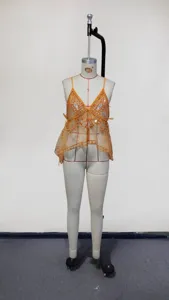 Orange Sheer Rhinestone Camisole Sexy Beach Cover Up Trendy Summer Party Women Vest