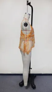 Sexy sheer rhinestone camisole beach cover up top, elegant open back mesh sling blouse for women.