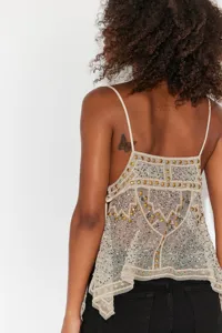 Sexy sheer rhinestone camisole backless mesh studded casual beach sun protection vest.
