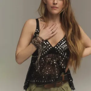 Women black studded sheer camisole sexy V-neck rhinestone spaghetti strap top 2025 fashion