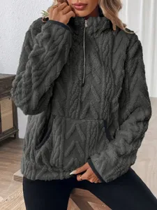 Women dark grey half zip fuzzy fleece sweatshirt short stylish casual autumn winter pullover top