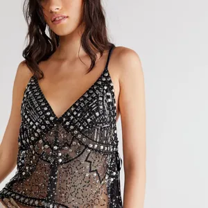 Sexy sheer beaded camisole top for women, trendy backless mesh clubwear rhinestone vest.