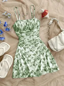 Robe courte d'été à fines bretelles et imprimé floral, robe moulante élégante et chic.