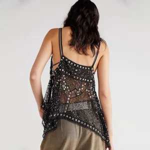 Black sheer sequined camisole top, sexy backless design with rhinestone studs for beach.
