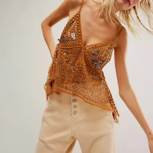 Sexy sheer sequin studded camisole top for women, trendy beach holiday sleeveless top, chic.