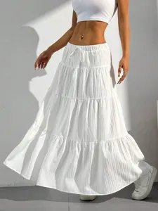 White tiered maxi skirt detail, casual long skirt with drawstring waist for women.