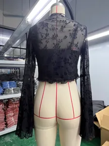 Black sheer mesh long sleeve floral flocked top and camisole two-piece set, detail view.