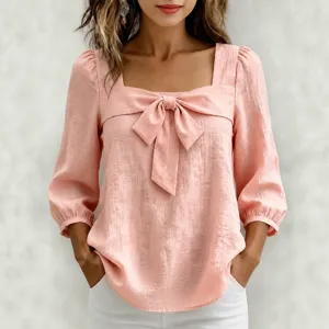 Camicia Tessuta Casual con Fiocco e Collo Quadrato da Donna Manica Tre Quarti Vestibilità Larga Stile Dolce Top alla Moda