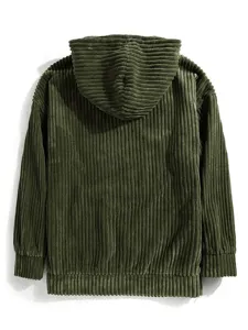 Detailed back view of the men's dark green corduroy hooded sweatshirt, showing texture.