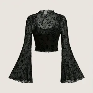 Black mesh floral flocked long sleeve top with camisole two-piece set elegant fashion