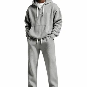Men's Casual Waffle Knit Hoodie And Sweatpants Tracksuit Long Sleeve Half Zip Hooded Sweatshirt Athletic Set