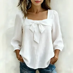 Donna camicetta bianca scollo quadrato manica lunga fiocco top casual elegante